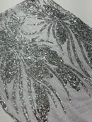 Wavy Leaf Sequins Fabric - Silver - Wavy Lines and Leaves Design on Lace Mesh Fabric by Yard