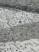 Wavy Leaf / Floral Bead Fabric - Silver - Beaded Rhinestone Embroidered on a Mesh By Yard