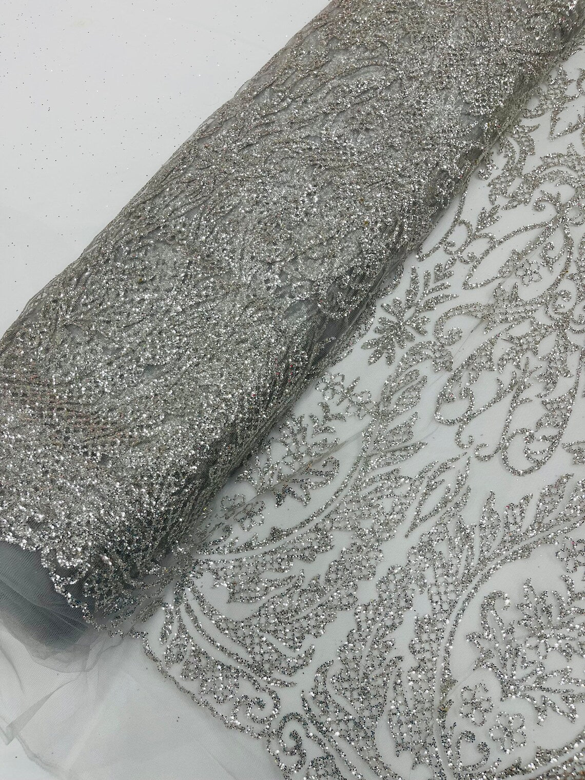 Fancy Damask Glitter Design - Silver - Tulle Mesh with Fancy Damask Designs Sold By Yard