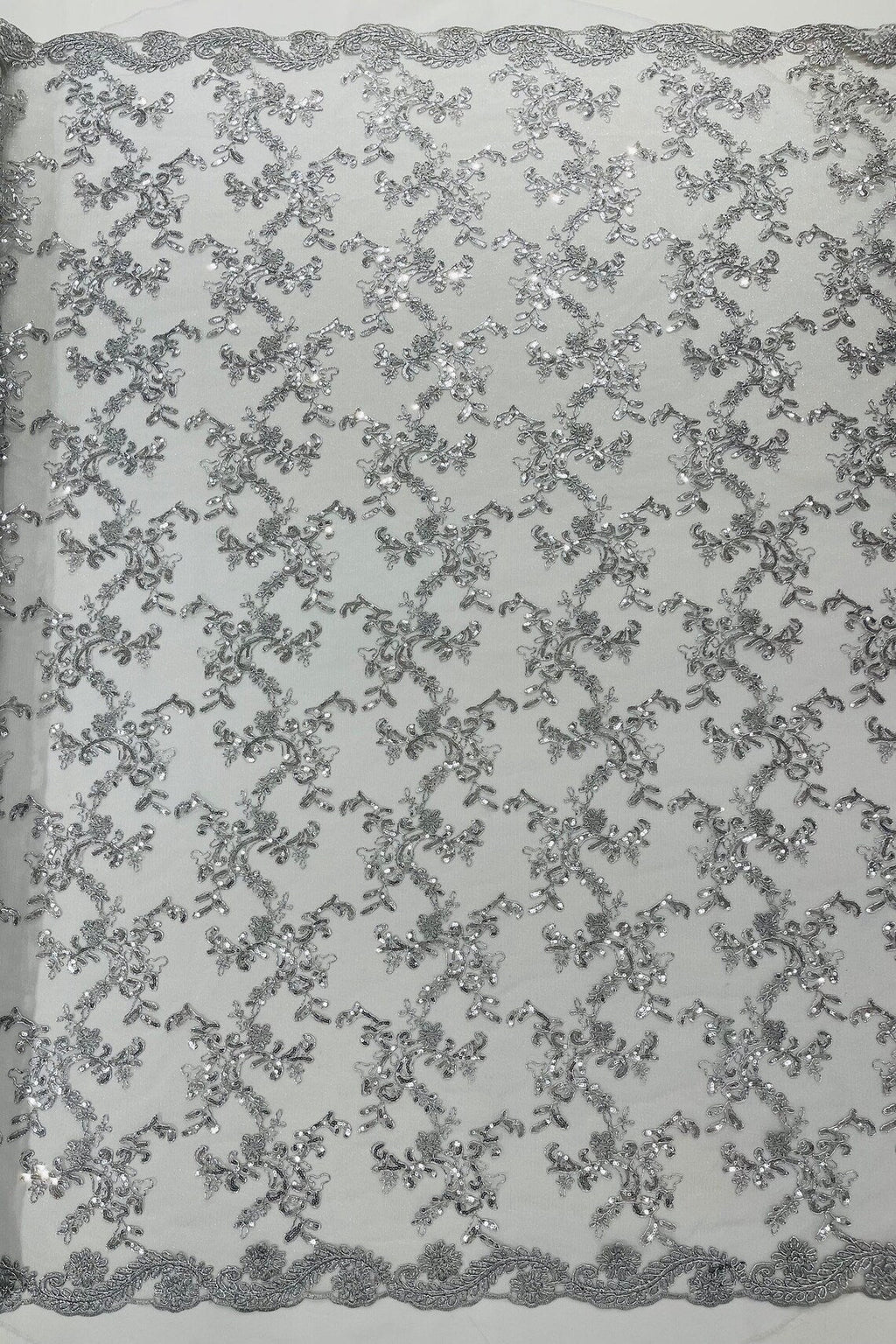 Floral Sequins Lace Fabric - Silver - Embroidery Flower Clusters Design with Shiny Sequins  Fabric Sold By Yard