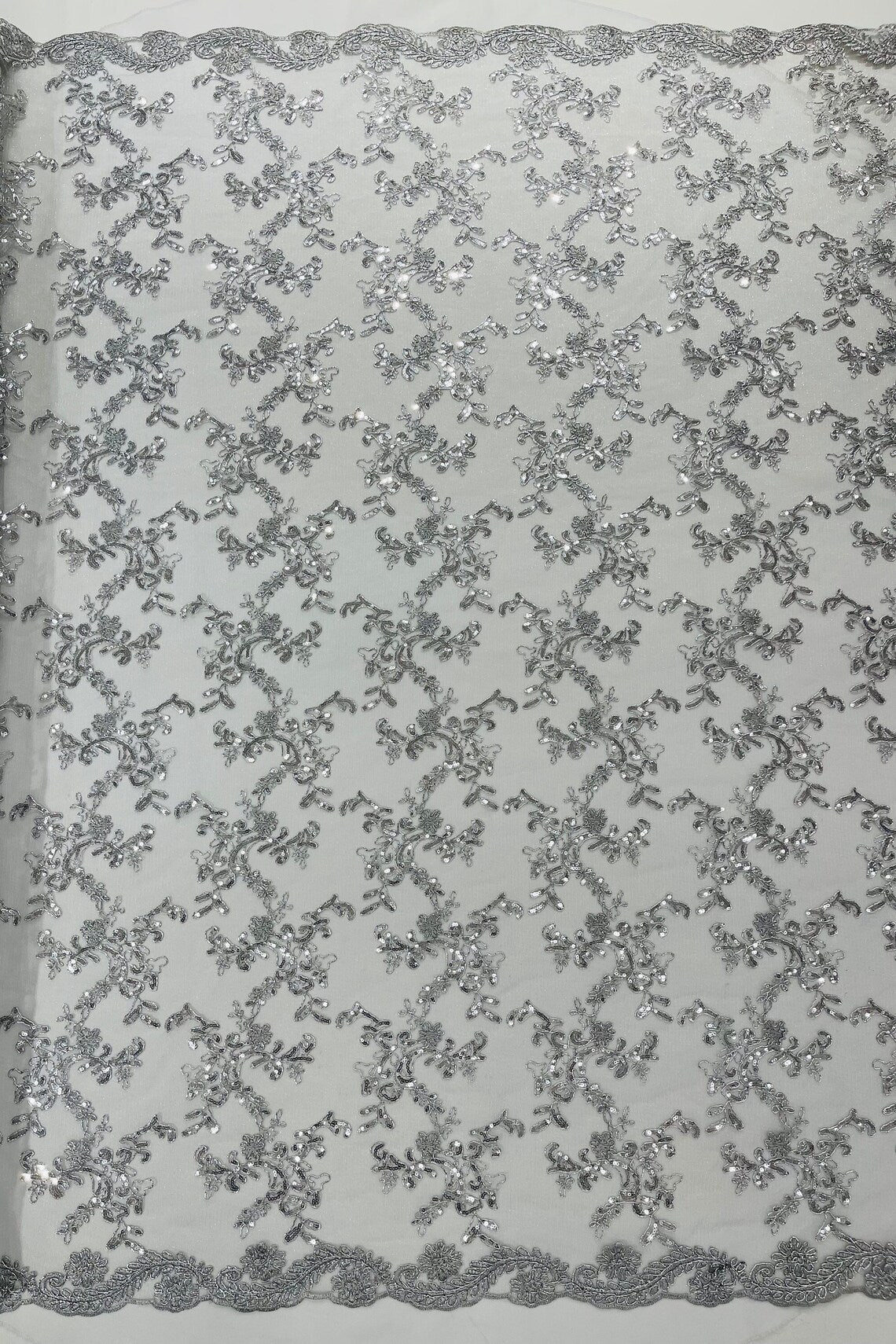 Floral Sequins Lace Fabric - Silver - Embroidery Flower Clusters Design with Shiny Sequins  Fabric Sold By Yard