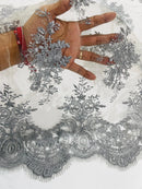 Floral Damask Lace Fabric - Silver - Embroidered Damask Flowers on Lace Fabric By Yard