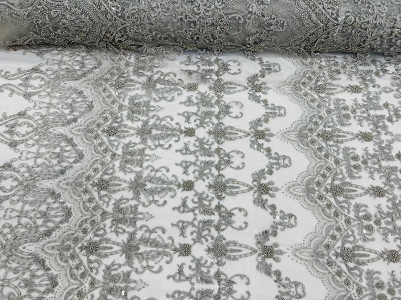 Damask Bead Fabric - Silver - Embroidered Glamorous Fabric with Round Beads Sold By Yard