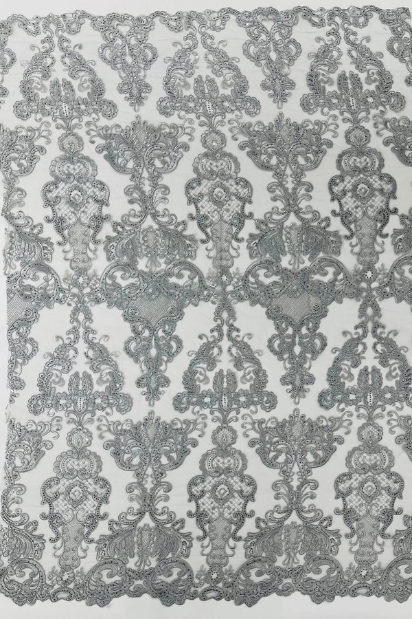 King Lace Pattern Fabric - Silver - Embroidered Sequins on Lace Mesh Fabric By Yard