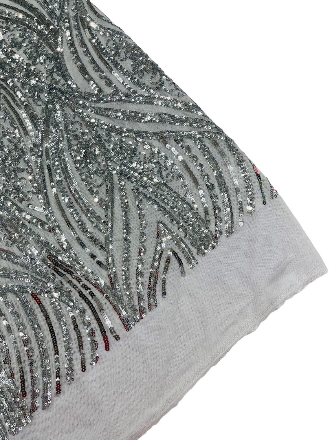 Curvy Line Design Fabric - Silver - 4 Way Stretch Sequins Design Mesh Lace Fabric by Yard