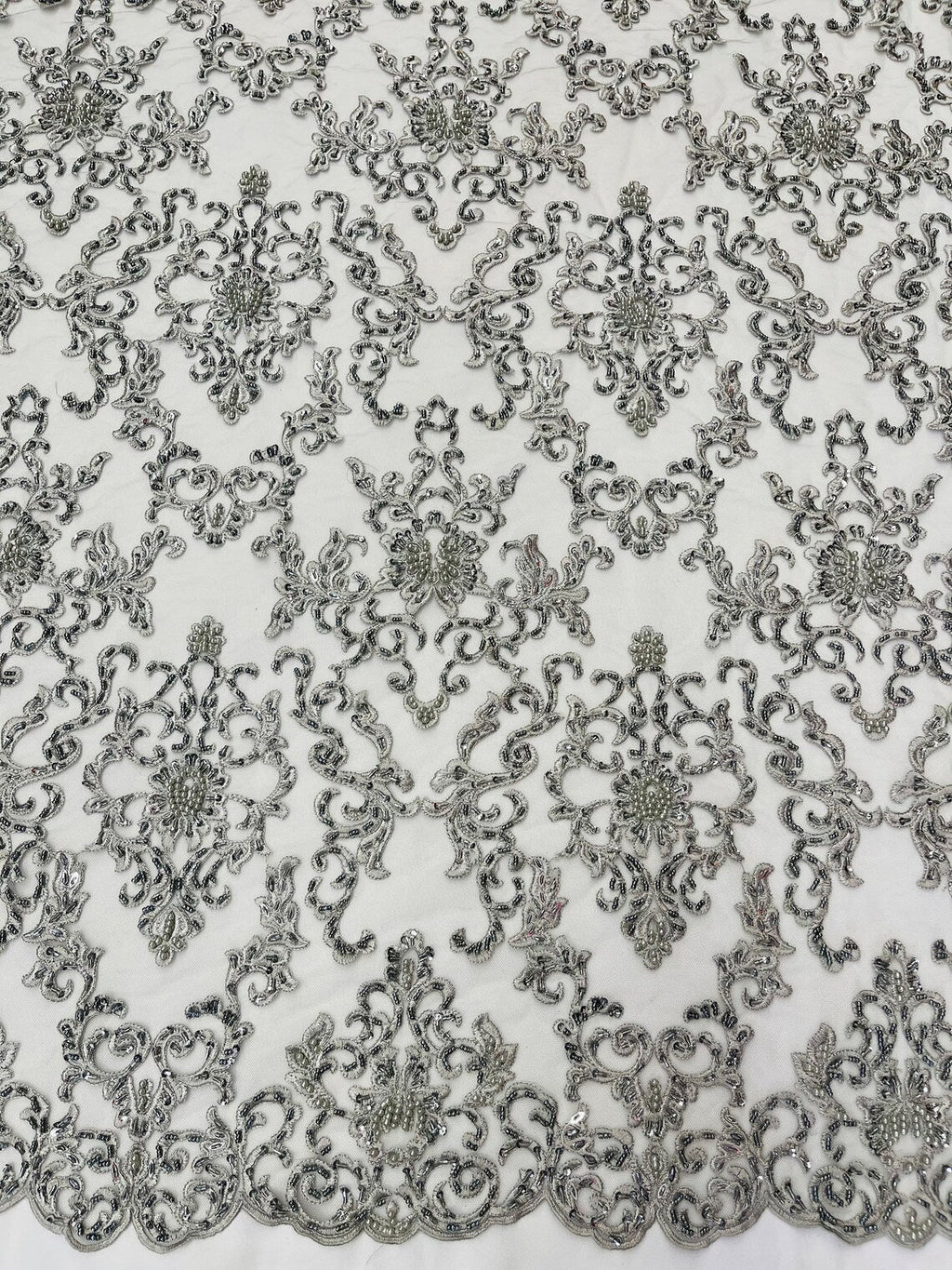 Butterfly Bead Sequins Fabric - Silver - Damask Beaded Sequins Lace Fabric by the yard