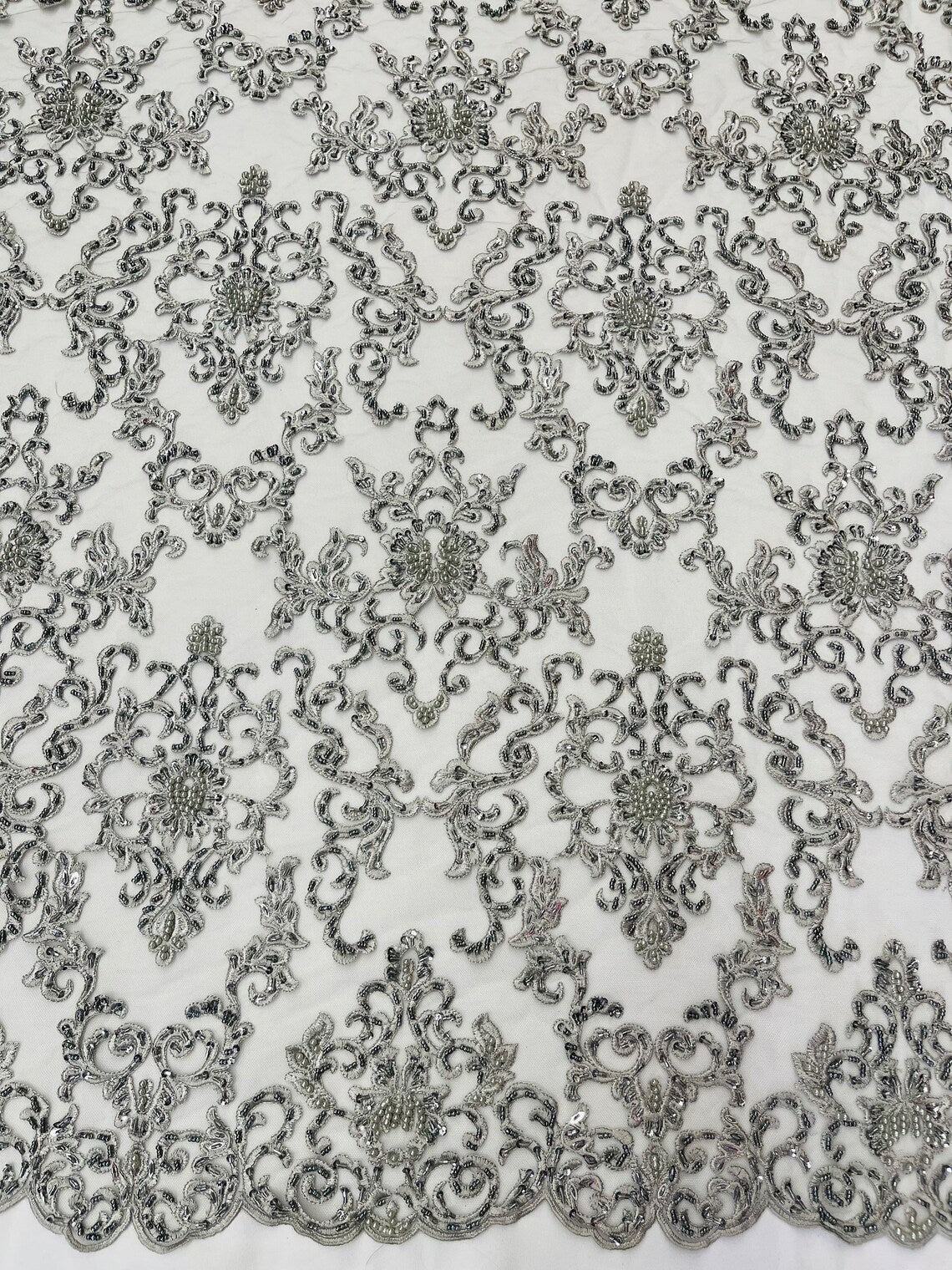Butterfly Bead Sequins Fabric - Silver - Damask Beaded Sequins Lace Fabric by the yard