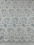 Corded Lace Floral Fabric - Silver - Hologram Sequins Metallic Thread Floral Fabric by Yard