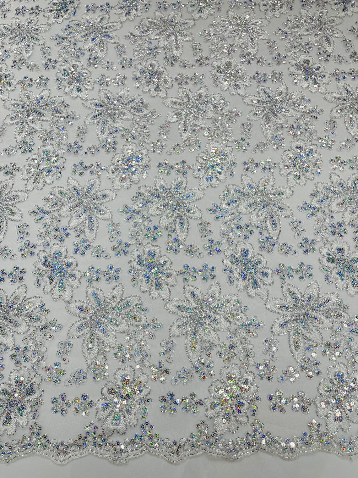 Corded Lace Floral Fabric - Silver - Hologram Sequins Metallic Thread Floral Fabric by Yard