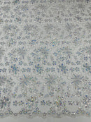 Corded Lace Floral Fabric - Silver - Hologram Sequins Metallic Thread Floral Fabric by Yard