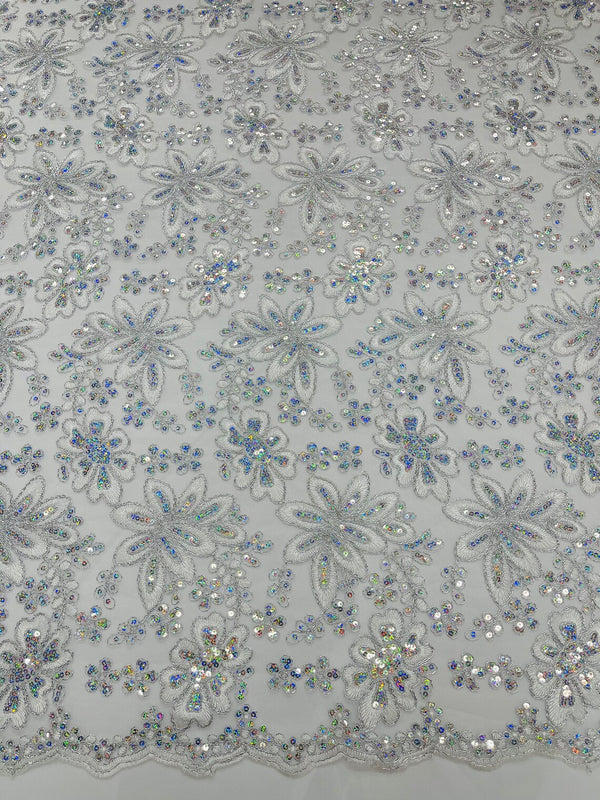 Corded Lace Floral Fabric - Silver - Hologram Sequins Metallic Thread Floral Fabric by Yard