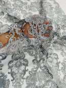 King Lace Pattern Fabric - Silver - Embroidered Sequins on Lace Mesh Fabric By Yard