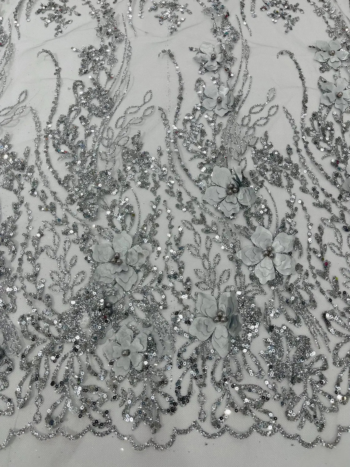3D Glitter Floral Design Fabric - Silver - Floral Line Design Embroidered Sequins Fabric by Yard