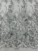 3D Glitter Floral Design Fabric - Silver - Floral Line Design Embroidered Sequins Fabric by Yard