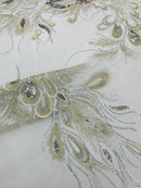 Peacock Feathers Lace Fabric - Silver - Peacock Feather Design on Lace Mesh Fabric Sold by Panel
