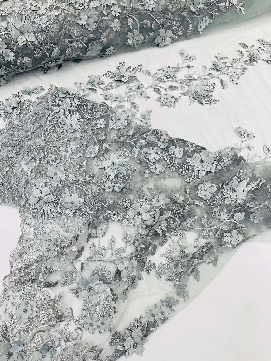 Flower 3D Fabric - Silver - Embroided Fabric Flower Pearls and Leaf Decor Sold by The Yard