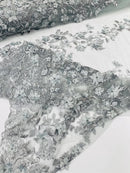 Flower 3D Fabric - Silver - Embroided Fabric Flower Pearls and Leaf Decor Sold by The Yard