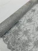 Damask Glitter Fabric - Silver - Geometric Glitter Design Fabric on Mesh by Yard