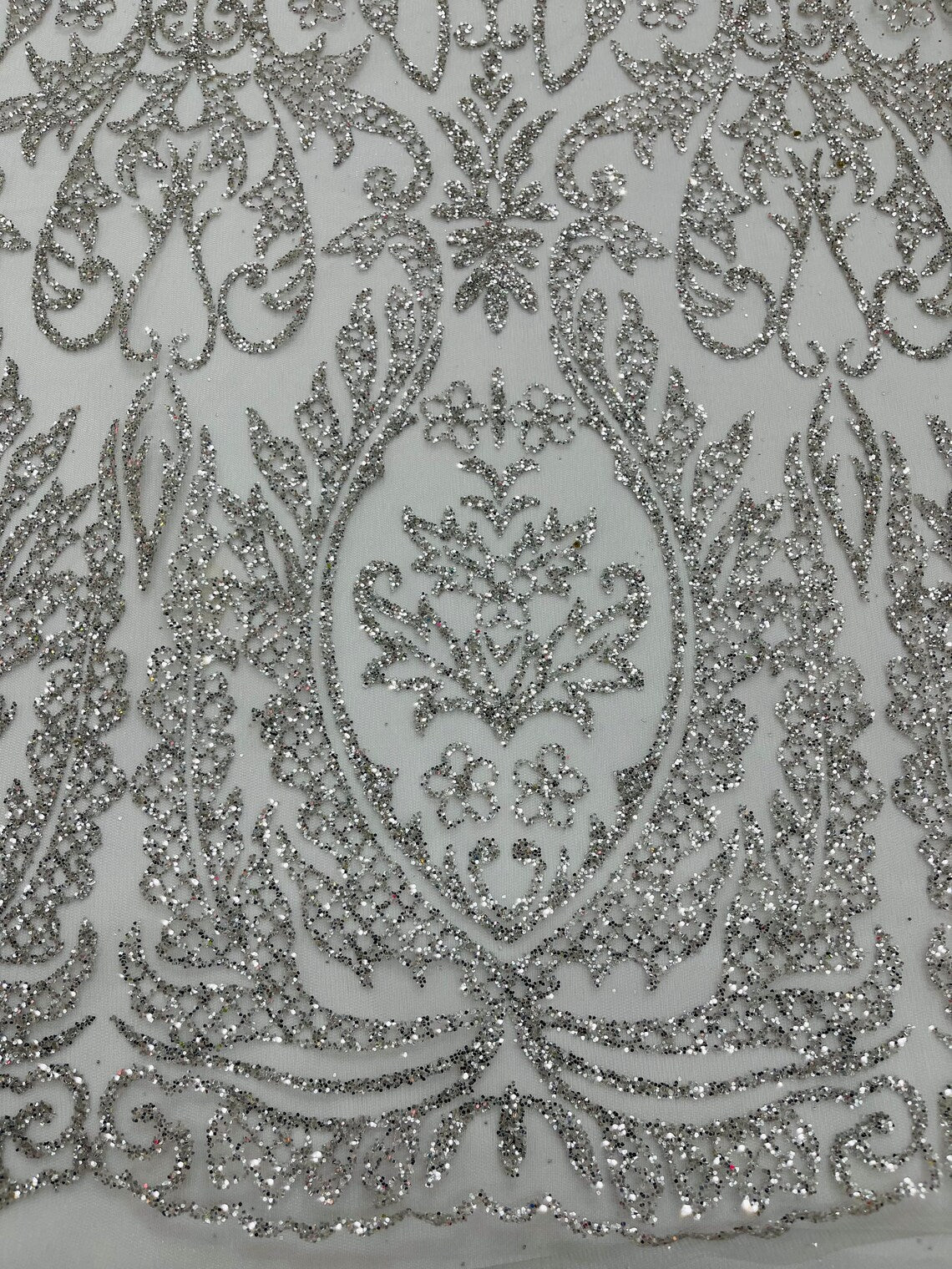 Fancy Damask Glitter Design - Burgundy - Tulle Mesh with Fancy Damask Designs Sold By Yard