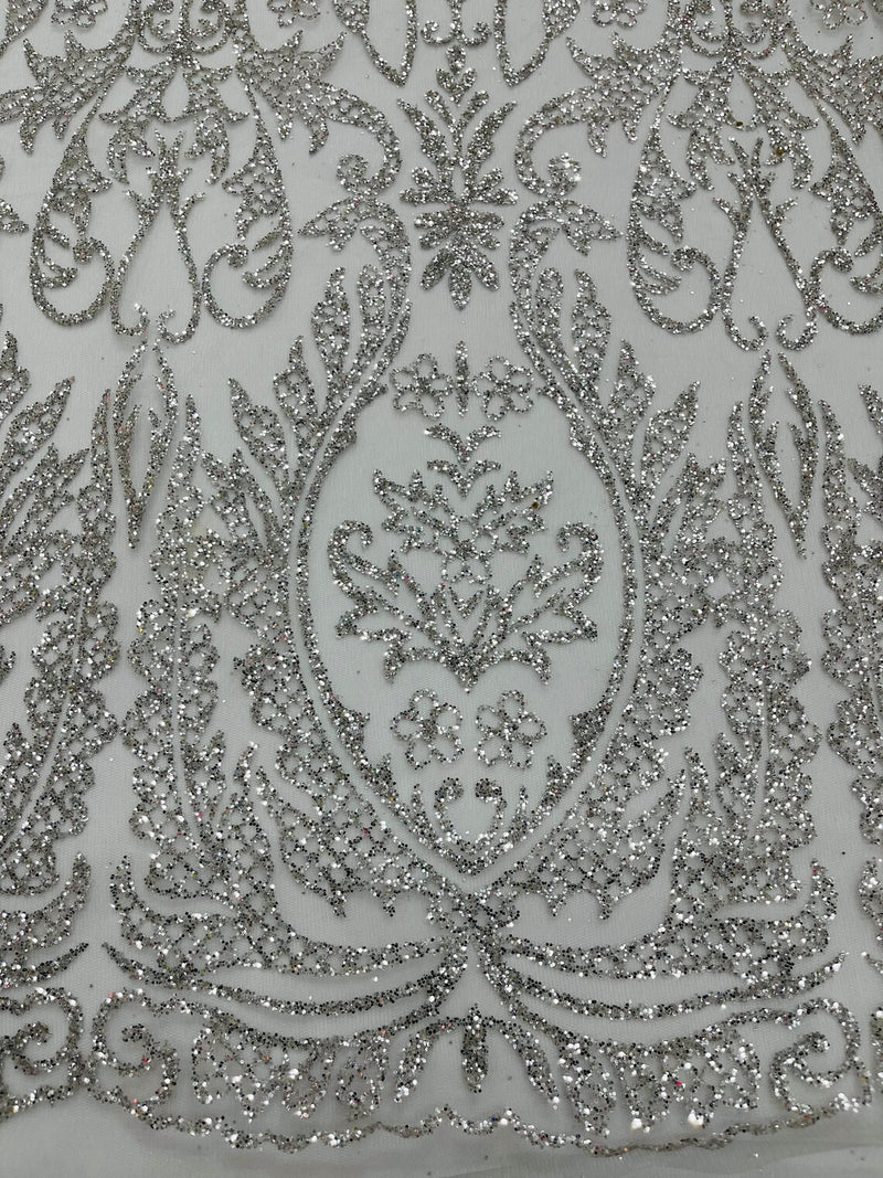 Fancy Damask Glitter Design - Silver - Tulle Mesh with Fancy Damask Designs Sold By Yard
