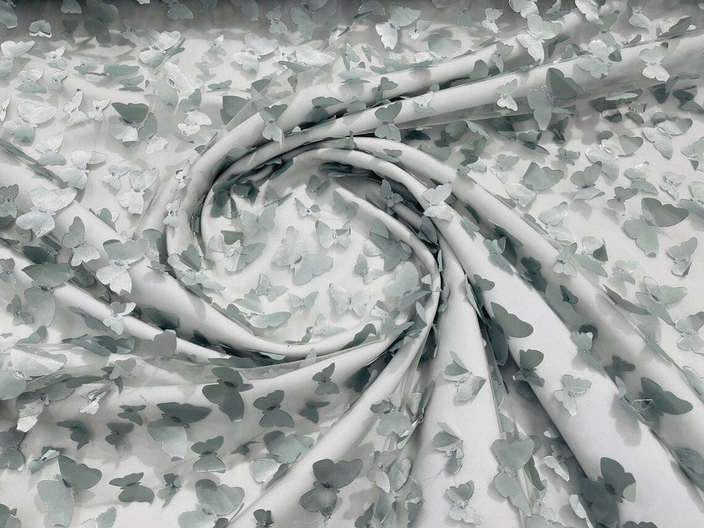 3D Butterfly Design Lace - Silver - Embroidered Lace with 3D Butterfly Design By Yard