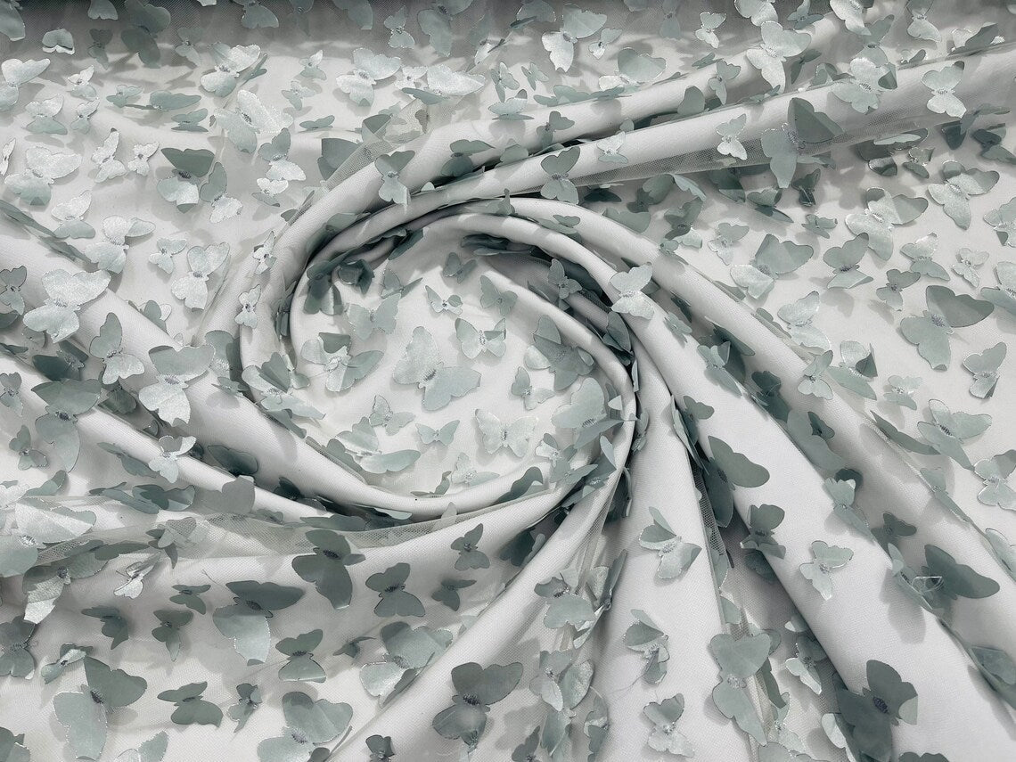 3D Butterfly Design Lace - Silver - Embroidered Lace with 3D Butterfly Design By Yard