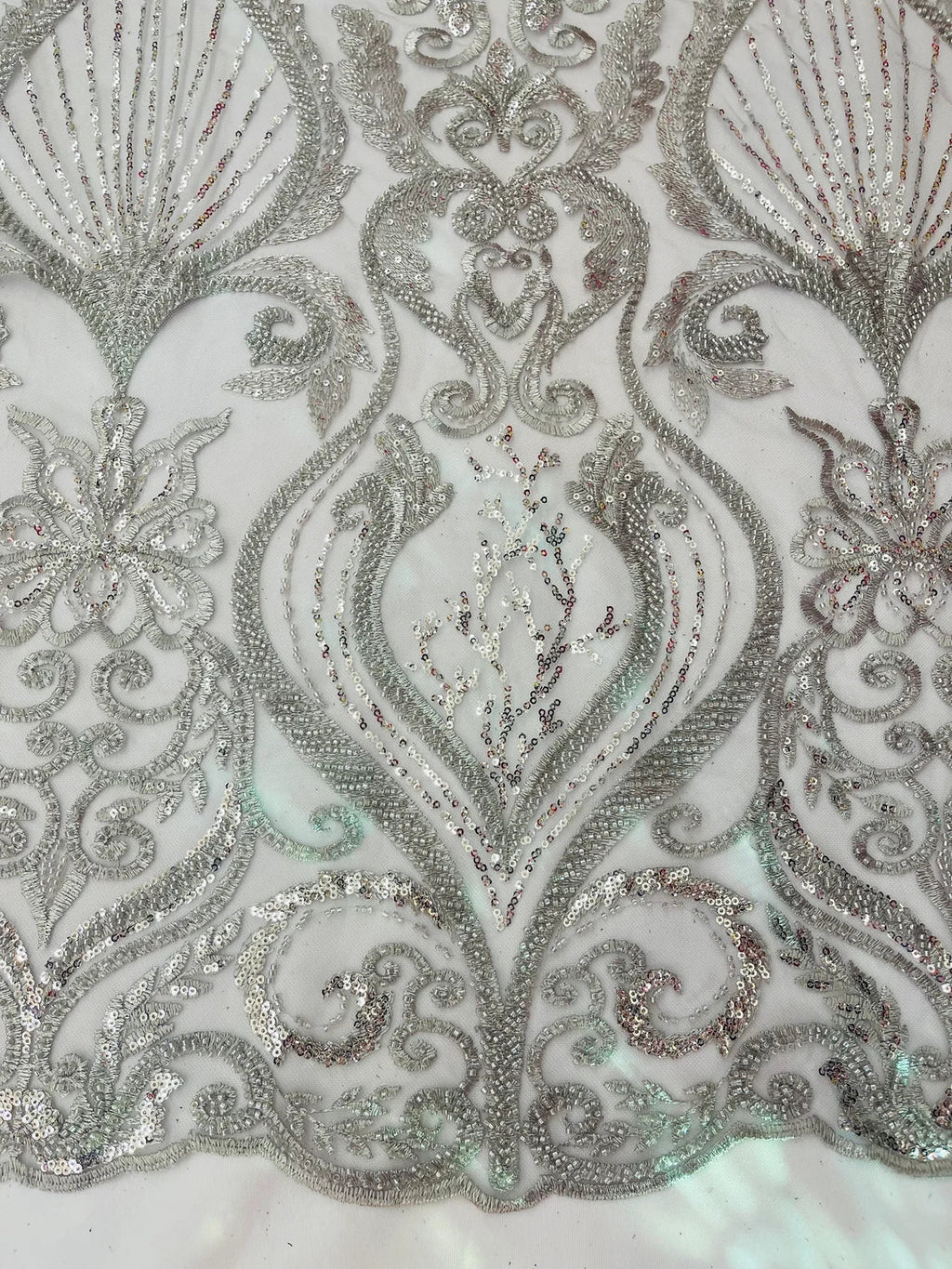 Damask Leaf Bead Fabric - Silver - Heavy Beaded Embroidered Sequins Lace Fabric by Yard
