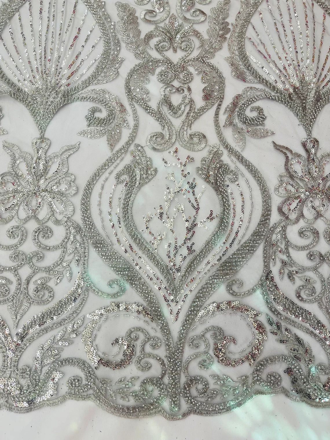 Damask Leaf Bead Fabric - Silver - Heavy Beaded Embroidered Sequins Lace Fabric by Yard