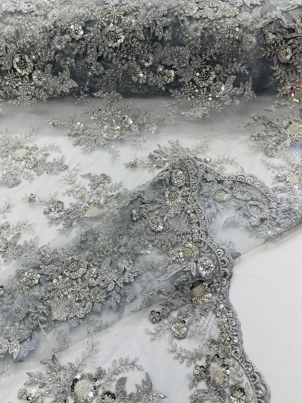 Beaded Flower Sequins Fabric - Silver - Embroidered Beaded Floral Clusters Sequins Fabric By Yard