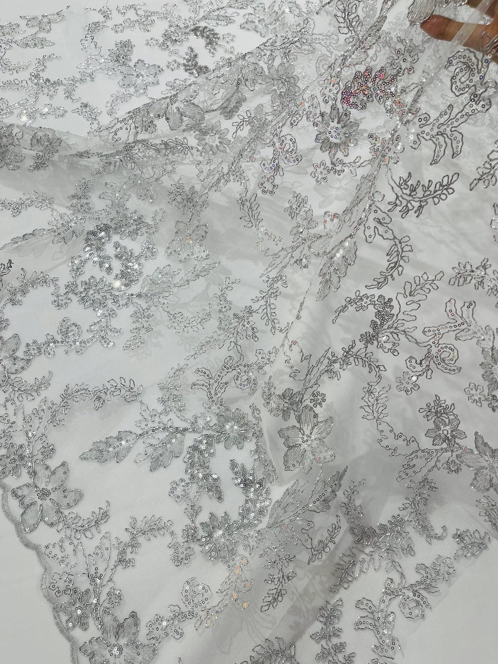Floral Metallic Lace Fabric - Silver - Corded Embroidered Floral Sequins Fabric by Yard