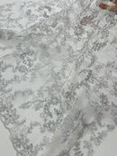 Floral Metallic Lace Fabric - Silver - Corded Embroidered Floral Sequins Fabric by Yard