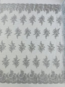 Floral Lace Flower Fabric - Silver - Floral Embroidered Fabric with Sequins on Lace By Yard