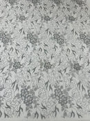 Flower Glitter Fabric - Silver - 3D Floral Tulle Fabric for Wedding, Quinceañera By Yard