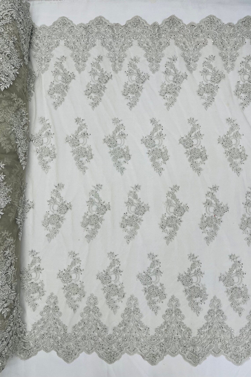 Beaded Floral Fabric - Silver #1 - Embroidered Flower Cluster Beaded Fabric Sold By Yard