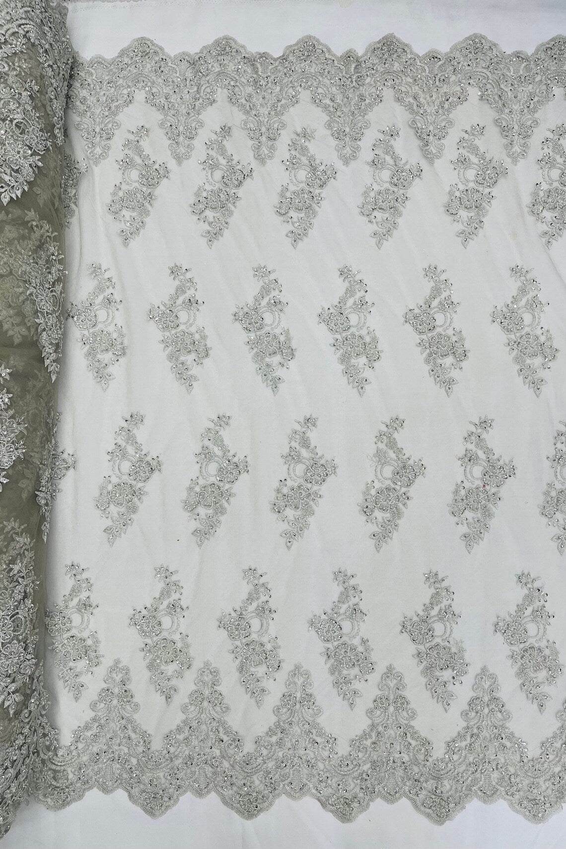 Beaded Floral Fabric - Silver #1 - Embroidered Flower Cluster Beaded Fabric Sold By Yard