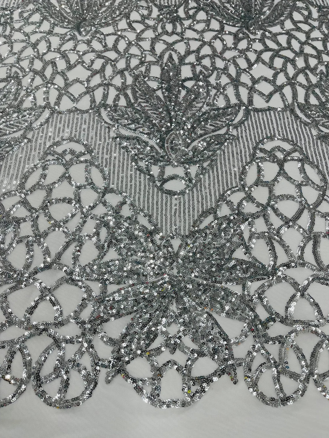 Elegant Floral Leaf Design - Silver - 4 Way Stretch Sequins Lace Spandex Fabric By Yard