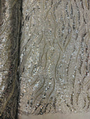 Wavy Design Beaded Fabric - Silver - Beaded Wavy Leaf Embroidered Fabric By Yard