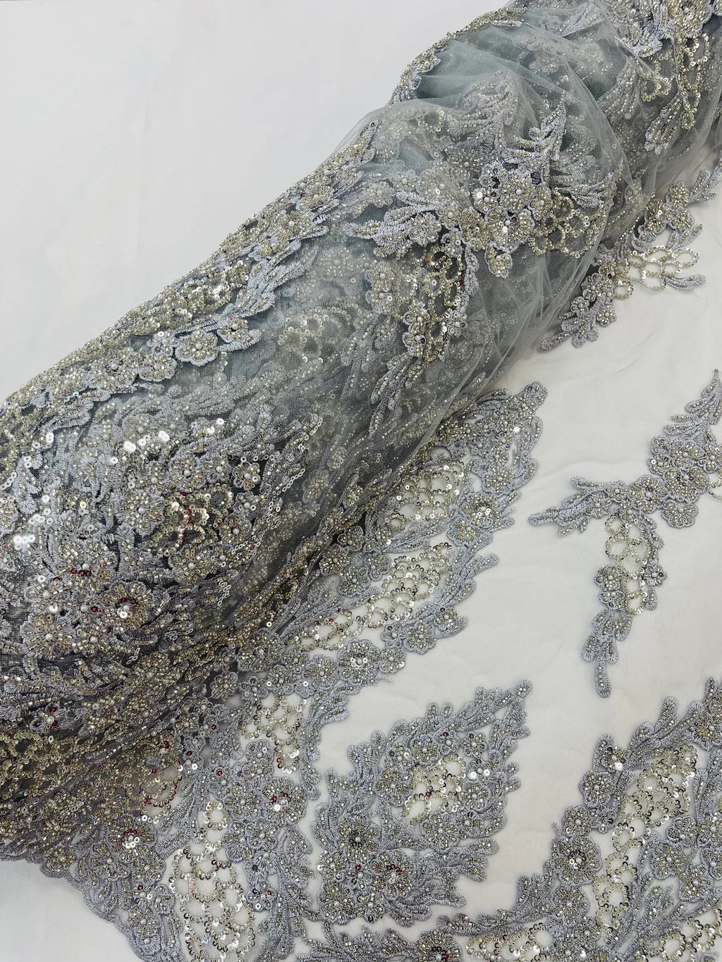 Heavy Bead Floral Fabric - Silver - Beaded Flower Design Fabric Fancy Border By Yard