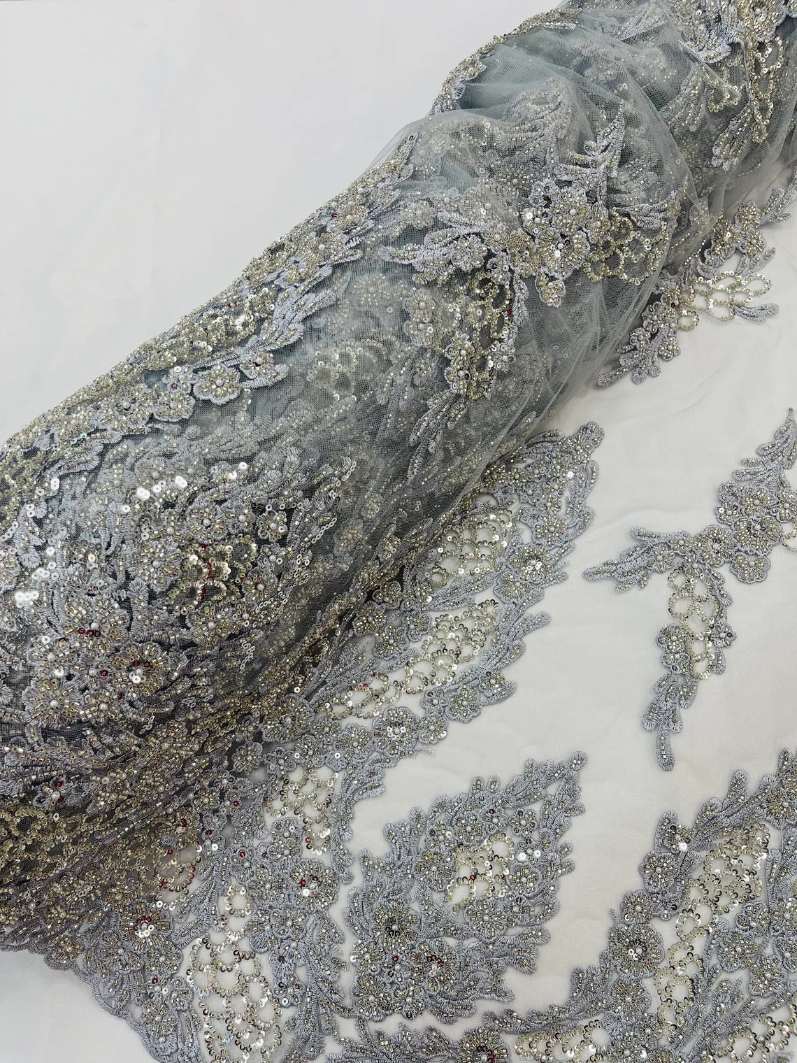Heavy Bead Floral Fabric - Silver - Beaded Flower Design Fabric Fancy Border By Yard