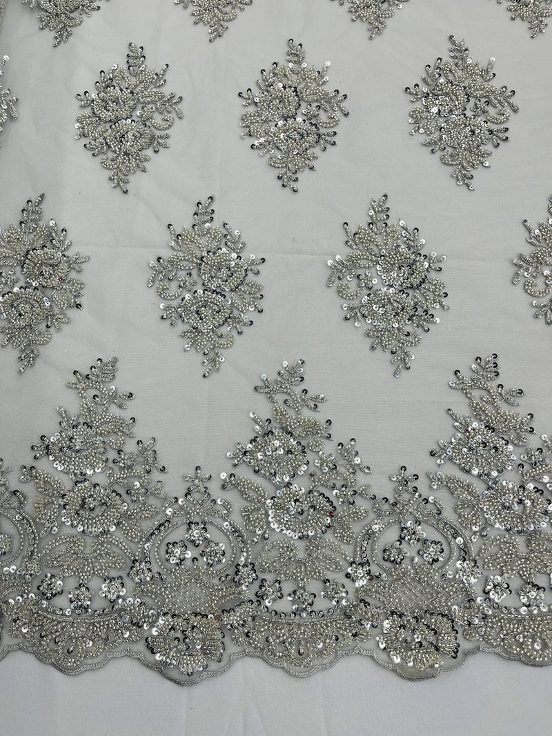 Heavy Beaded Floral Fabric - Silver - Luxury Heavy Duty Bead Bridal Floral Cluster Lace Fabric by the yard