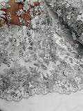3D Flower Glitter Fabric - Silver - Floral Glitter Sequin Design on Lace Mesh Fabric by Yard