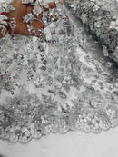 3D Flower Glitter Fabric - Silver - Floral Glitter Sequin Design on Lace Mesh Fabric by Yard