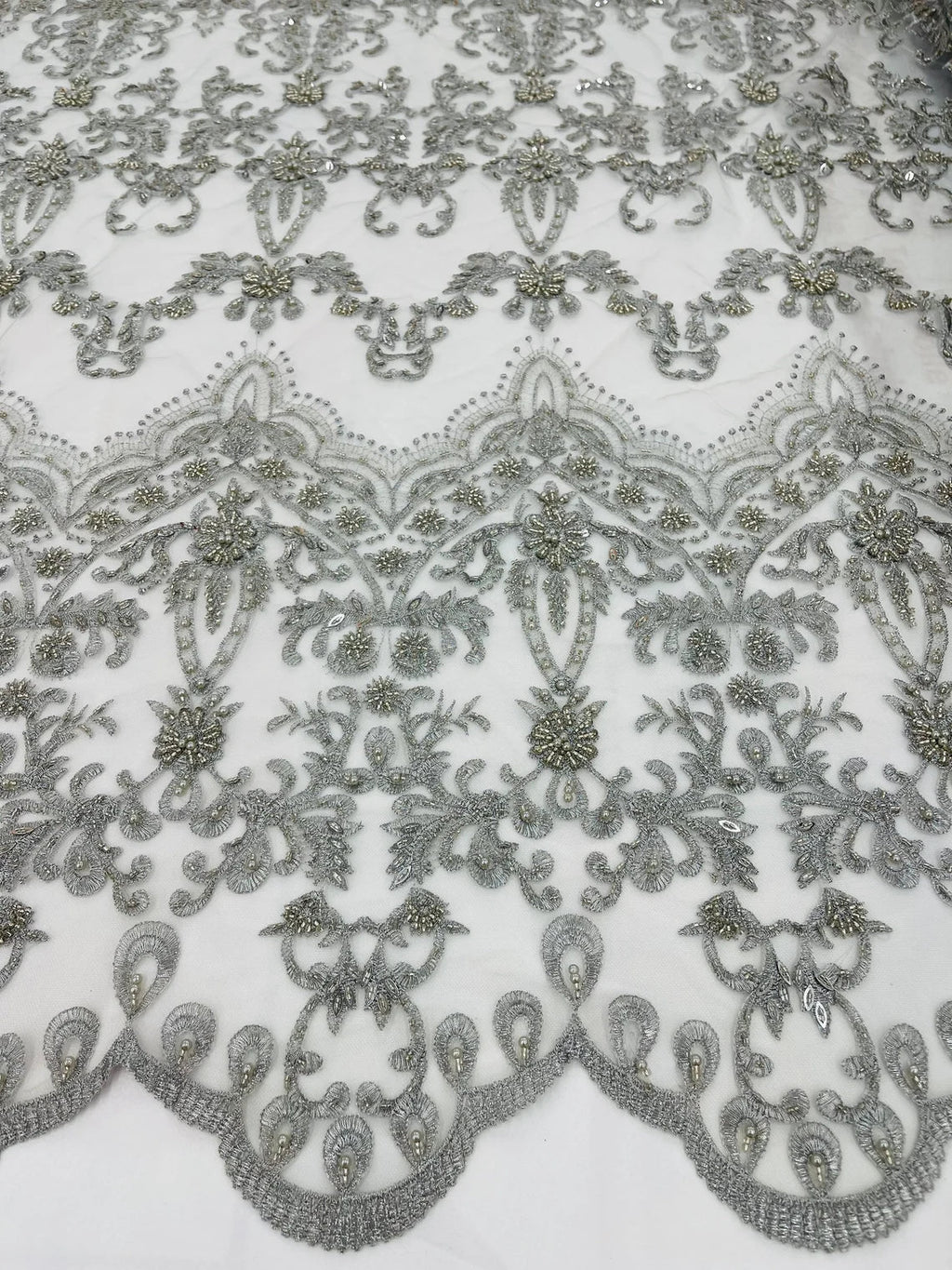 Damask Bead Fabric - Silver - Embroidered Glamorous Fabric with Round Beads Sold By Yard