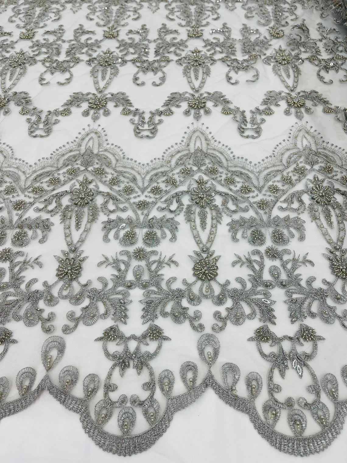 Damask Bead Fabric - Silver - Embroidered Glamorous Fabric with Round Beads Sold By Yard