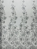 3D Big Flower Glitter Fabric - Silver - Floral Glitter Sequin Design on Lace Mesh Fabric by Yard
