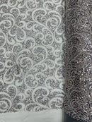 Beaded Swirl Design Fabric - Silver - Swirl Design with Beads and Sequins on Lace by Yard