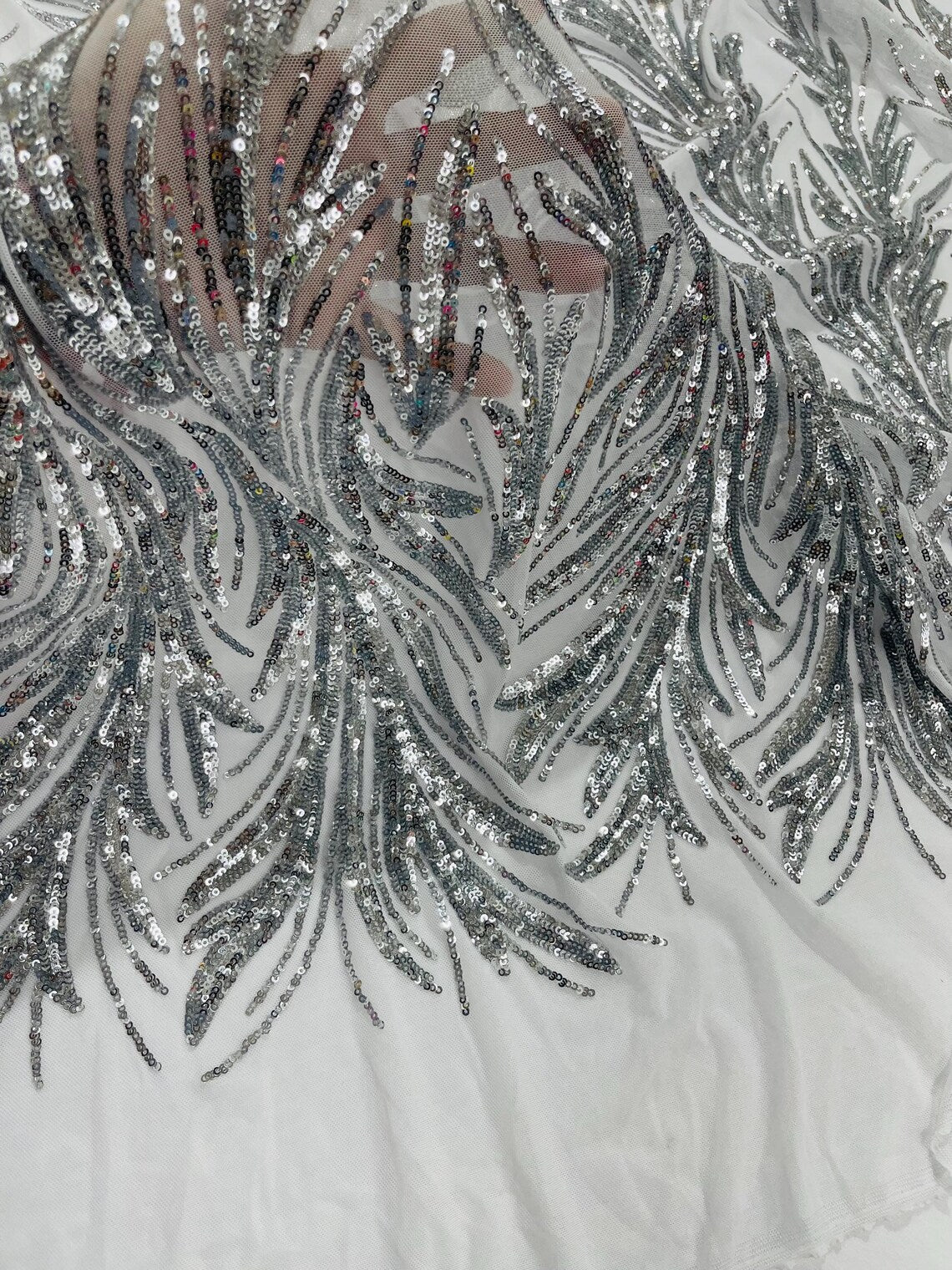 Leaf Design Stretch Sequins - Silver - 4 Way Stretch Lace Mesh Sequins Fabric by Yard