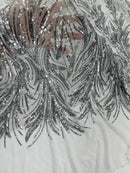 Leaf Design Stretch Sequins - Silver - 4 Way Stretch Lace Mesh Sequins Fabric by Yard