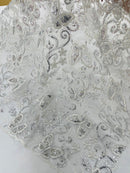 Butterfly Sequins Fabric - Silver - Metallic Floral Butterfly Design on Lace Fabric By Yard