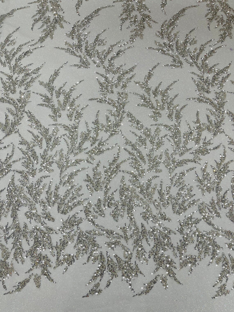 Leaf Plant Glitter Design Fabric - Silver - Beaded Embroidered Leaves Design on Mesh By Yard